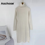 Solid Knitted Long Dress Women Autumn Winter Turtleneck Long Sleeve Sweater Dress Lady Split Loose Casual Dress
