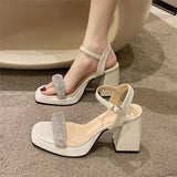 green rhinestones Platform sandals women Chunky High Heels Women Shoes Elegant Party Lady Trendy Summer Ankle Strap