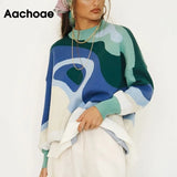 Autumn Women Chic Printed Sweaters Vintage Batwing Long Sleeve O Neck Jumper Tops Female Fashion Casual