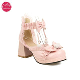 Women Platform Sandals Pink PU Leather JK Lolita Shoes for Girls Round Toe Side Open Boots Ankle Strap Zipper Back High