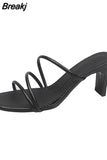 Green Summer Women Square Toe Sandals Ladies Snake Print Strappy Mules 6CM High Heels Slippers Female Fashion Woman