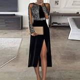 Fashion Sequins Halter Long Dress Sexy Shoulderless High Split Women Party Dress Elegant Solid Ladies Long Sleeve Bodycon