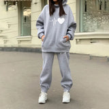 Heart Printed Fleece Women's Tracksuit Hoodies 2 Piece Set Sweatshirt + Pants Women Sport Suit Winter