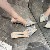 Breakj Summer New Korean Version Of The Bow Water Diamond Tip Head Half Drag High Heel Slippers Thin Heel Women's