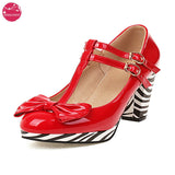 Women's Cute Lolita Cosplay Shoes T Strap Patent Leather Bow Mid Chunky High Heel Mary Jane Pumps Patchwork Striped