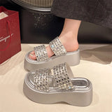 Women's Slippers 2024 New Fashion Shining crystal Silver Slippers Versatile Thick Sole Sandals Women's Elegant Party Dress