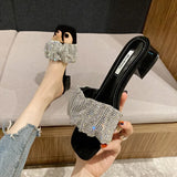 Breakj Temperament Famous Woman Summer Slippers French Small Heel Low Heel 3 Cm Black Water Drill Fashion Wearing