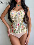 2022 Summer Spring Women Flowers Embroidery Tops Corset Sexy Crop Backless Party Club Tube See Through Tank Casual