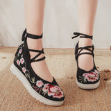 Breakj White Sole Embroidered Cloth Shoes High Heel Slope Canvas Embroidered Women's Singles Shoes Lace Retro National Style Cloth