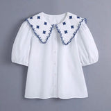 Women Embroidery Sailor Collar White Shirt Female Puff Sleeve Blouse Casual Lady Loose Tops Blusas