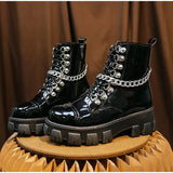 Style Ankle Boots For Women Genuine Leather Sexy Chain Female Autumn Boots Block Heel Gothic Black Platform Shoes 2021