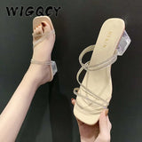 High Heels Women Slippers Summer Shoes Celebrity Wearing Simple Style PVC Clear Strappy Bling Square Heels