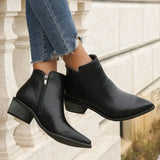 Women Ankle Boots 2024 Retro Style Pointed Toe Leather Boots Solid Short Barrel Chunky Heel Western Boots Botines