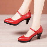 Model Catwalk High Heels, Pointed Black Professional Work Shoes, Large Size One-Word Buckle Soft Leather
