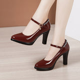 Leather Catwalk High Heel Women's Pointed High Heel Thick-Soled Waterproof Platform Professional Black Work Shoes Large-Size Single