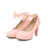 Fashion Women Ankle Strap Spike High Heels Bow Platform Round Toe Pumps Glossy Patent Leather Summer Autumn Sweet Lolita
