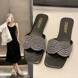 Breakj Version Of Stripe Flat Slippers Female Flat Slippers Square Head One Foot Pedal Home