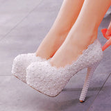 Breakj Lace Heels Wedding Shoes Lace Pearl Shoes Size Fine Heel Waterproof Shoes