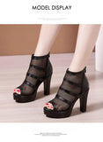 2022 Peep Toe Sandal Boots Mesh Summer Heels Women's High Heeled Platform Shoes Hollow Out Square Heel Back Zip