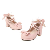 Women's Cute Lolita Cosplay Shoes Bow Mid Chunky Heel Platform Mary Jane Pumps Buckle Strap Princess Uniform Wear Pink