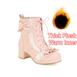 2021 Sweet Ankle Boots Lolita Platforms Lace Up Side Zipper Vintage Princess Cosplay Shoes with Cute Bow Pendant