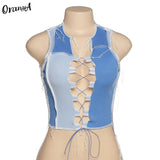 Women Hollow Sexy Ribbed Tank Tops Club Bandage v-Neck Sleeveless Drawstring Stretchy Clubwear Patchwork Asymmetry