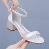 Breakj Cm Square Heel Sandals Shallow Mouth With Buckle Sandals Ivory White Silk Satin Cloth Bride White Sandals