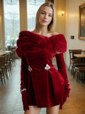 Temperament Famous Wind Velvet Dress 2025 New Hair Collar Splicing Diamond High-Sensing Sexy Breast Short Skirt