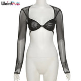 Puss Y2K Striped Mesh T-Shirt Long Sleeve Women Sexy Bandage Low Cut Tops Fashion Streetwear Summer Skinny Tees