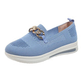 2023 New Large Size Women's Shoes Flying Woven Breathable Hollow Vamp Metal Chain Wedge Casual Single Shoes