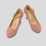 Women Super High Heel Suede Leather Dress Shoes Casual Platform Vintage Mary Janes Pumps Strap Buckle Thin Heels Large Plus