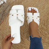 Breakj Asian Women Solid Color Large-Size Rivet Slippers Casual Side Toe Flat Summer Light Beach
