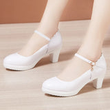 Catwalk High Heels Women's Cheongsam T Show White Size Waterproof Table Thick Heel Leather Round Head Single