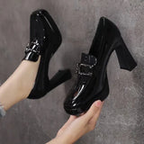 Fashion High Heels Autumn New Women Chunky Platform Pumps British Style Woman Slip on Square Toe Office Lady Work