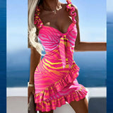 Women Summer Dress 2022 Sexy Backless Sling Lace Slim A-Line Dress Dress Fashion Print Ruffle Wrap Breast Lace Up Party