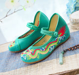 Breakj Dragon] Retro Embroidery Dragon Grain Shallow Mouth Plate Buckle Low Heel Canvas Embroidered Cloth Shoes Women's Single