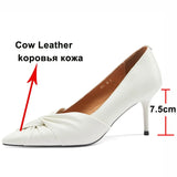 Pointed Toe Pumps Natural Genuine Leather Women Shoes High Heels Pleated Stiletto Heel Dress Footwear Female Spring
