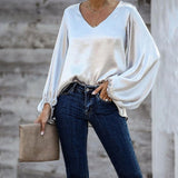 Simple New V Neck Solid Color T-shirts Fashion Autumn Winter Long Sleeves Loose Pullover Top Office Lady Elegant