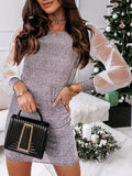 Office Lady See-through Mesh Gauze Sleeve Dress Popular Fashion Shiny Silver Silk Party Dress New Women Elegant Solid Slim