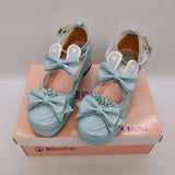 Women High Heels Shoes New Lolita Laser Fabric Rabbit Ear Bow Crescent Lace Thick Heeled Ladies Single