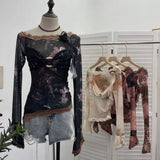 Real Shooting Lace Splicing Oblique Shoulder Thin Tie-Dye Mesh T-Shirt Girl T-Shirt T-Shirt Shawl T-Shirt