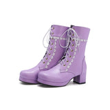 Girls Sexy Lolita Mid Calf Boots Women Motorcycle Shoes Autumn Winter Stylish Lady Lace Platforms Leather Shoes Party Botas