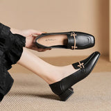 Luxury Metal Buckle Pumps Women Low High Heels Square Toe Shoes Ladies Solid Leather Mary Janes Femme Office Dress