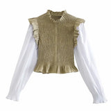New Spring Women Elastic Pleated Splicing Blouse Female Ruffle Long Sleeve Shirt Lady Loose Tops Blusas