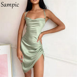 2020 Winter Spring Backless Women Split Mini Stain Strap Sleevless Dress Sexy Party Short Bandage Dress Night Club