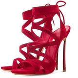 Price Red Suede Sandals Women 2018 Cross Straps Cut-ous Lace-up Gladiator Sandals Shoes Metal Heels Summer Dress