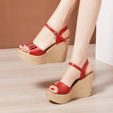 New High Slope Heel Sandals Women's Muffin Thick Bottom Waterproof Table One Word Buckle Gold Small Size 3233 Fish Mouth