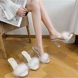 Table Hairy Sandals Women Wear 2023 New Crystal Heels With Thin Soles And Thick