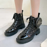 Autumn New Coin Purse Designer Women Ankle Boots Leisure Black PU Mid Heel Ladies Shoes Open Zipper Chain Women