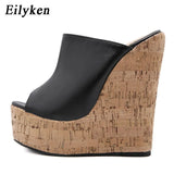 Peep Toe Platform Wedge Slippers Black Summer Shoes Woman Sexy Super High Sandal Slippers Black 35-42